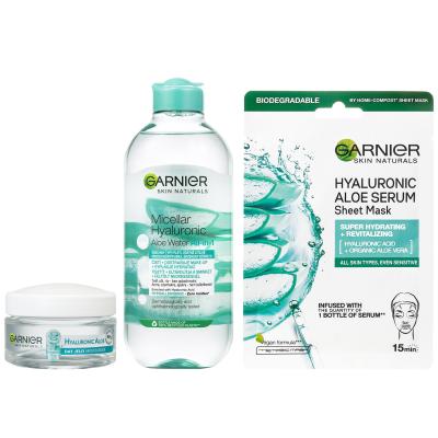 Garnier Skin Naturals Hyaluronic Aloe Zestaw żel do twarzy na dzień Skin Naturals Hyaluronic Aloe Jelly Daily Cream 50 ml + Skin woda micelarna Naturals Micellar Hyaluronic Aloe Water 400 ml + maska na twarz Skin Naturals Hyaluronic Aloe Serum Tissue Mask 28 g