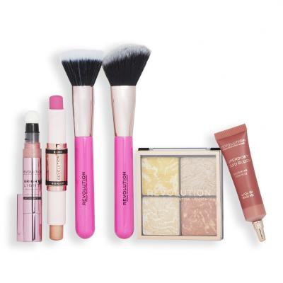 Makeup Revolution London Blush &amp; Glow Gift Set Zestaw paletka rozświetlająca Highlighter Quad 9,6 g Make It Count + rozświetlacz Bright Light Highlighter 3 ml Divine Dark Pink + pędzel kosmetyczny 2 sztuki + róż do policzków Superdewy Liquid Blush 15 ml Flushing For You + róż i rozświetlacz Fast Bas