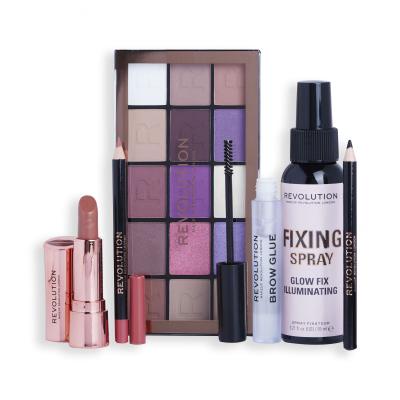 Makeup Revolution London Get The Look Smokey Icon Zestaw paletka cieni do powiek Reloaded Eyeshadow Palette 16,5 g + spray utrwalający Glow Fix Illuminating Fixing Spray 30 ml + kredka do oczu Kohl Eyliner 1 g Black + pomadka do ust Satin Kiss Lipstick 3,5 g Chauffeur+ żel do brwi Brow Glue 3 ml + k