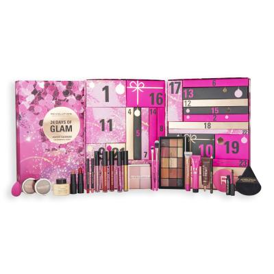 Makeup Revolution London 24 Days Of Glam Advent Calendar Zestaw kredka do ust 2 sztuki + kredka do brwi 1 sztuka + żel do brwi 1 sztuka + baza pod make-up 1 sztuka + pomadka do ust 4 sztuki + błyszczyk do ust 1 sztuka + olejek do ust 1 sztuka + cienie do powiek 3 sztuki + puder 2 sztuki + róż do pol