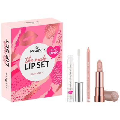 Essence The Nude Lip Set Zestaw pomadka Hydrating Nude Lipstick 3,5 g 301 Romantic + kredka do ust Soft &amp; Precise Lip Pencil 0,78 g 301 Romantic + błyszczyk What The Fake! Plumping Lip Filler 4,2 ml 01 Oh My Plump!