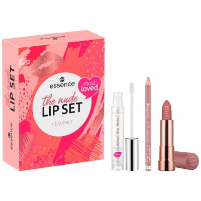 Essence The Nude Lip Set Zestaw pomadka Hydrating Nude Lipstick 3,5 g 302 Heavenly + kredka do ust Soft &amp; Precise Lip Pencil 0,78 g 302 Heavenly + błyszczyk What The Fake! Plumping Lip Filler 4,2 ml 01 Oh My Plump!