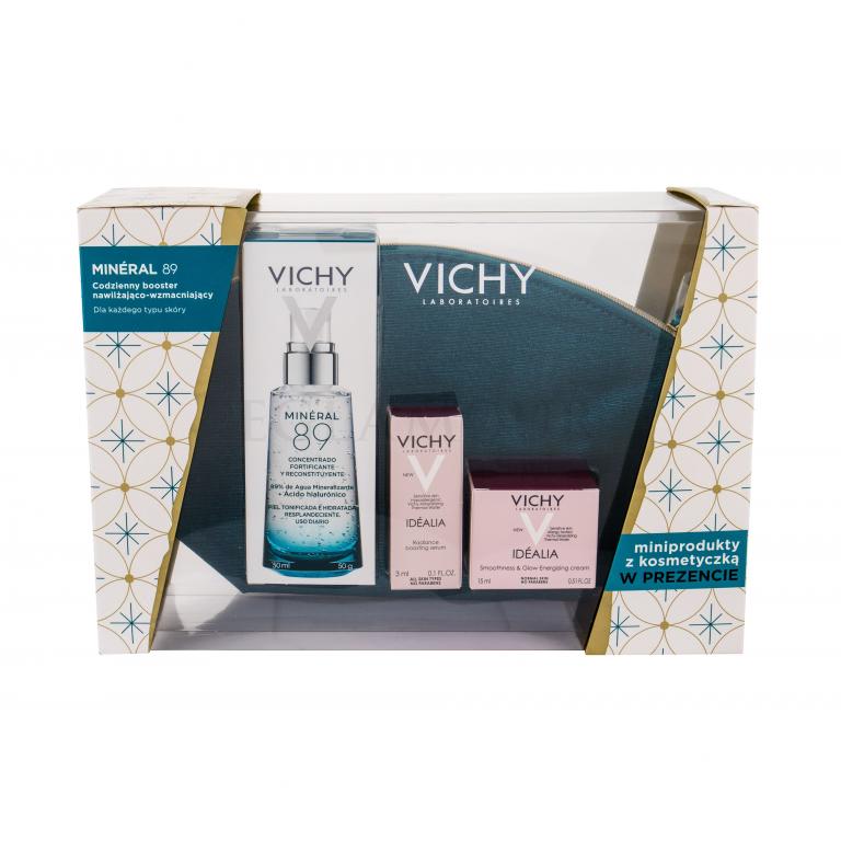 Vichy Minéral 89 Zestaw Serum do twarzy 50 ml + Krem na dzień Idéalia 15 ml + Serum do twarzy 3 ml + Kosmetyczka