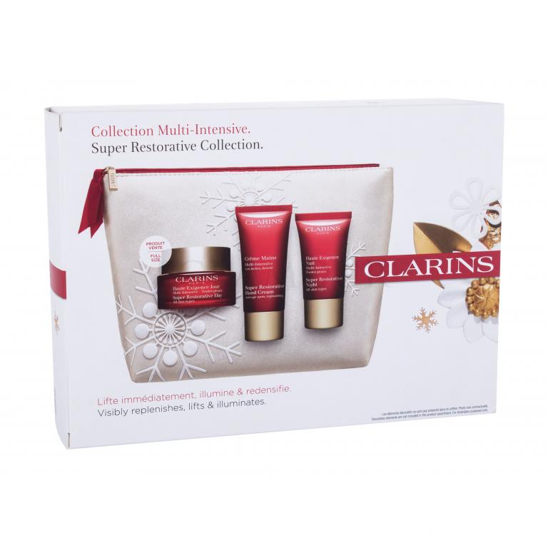 Clarins Super Restorative Collection Zestaw Peilęgnacja do twarzy na dzień Super Restorative Day 50 ml + Pielęgnacja do twarzy na noc Super Restorative Night 15 ml + Krem do rąk Super Restorative Hand Cream 30 ml + Kosmetyczka Uszkodzone pudełko