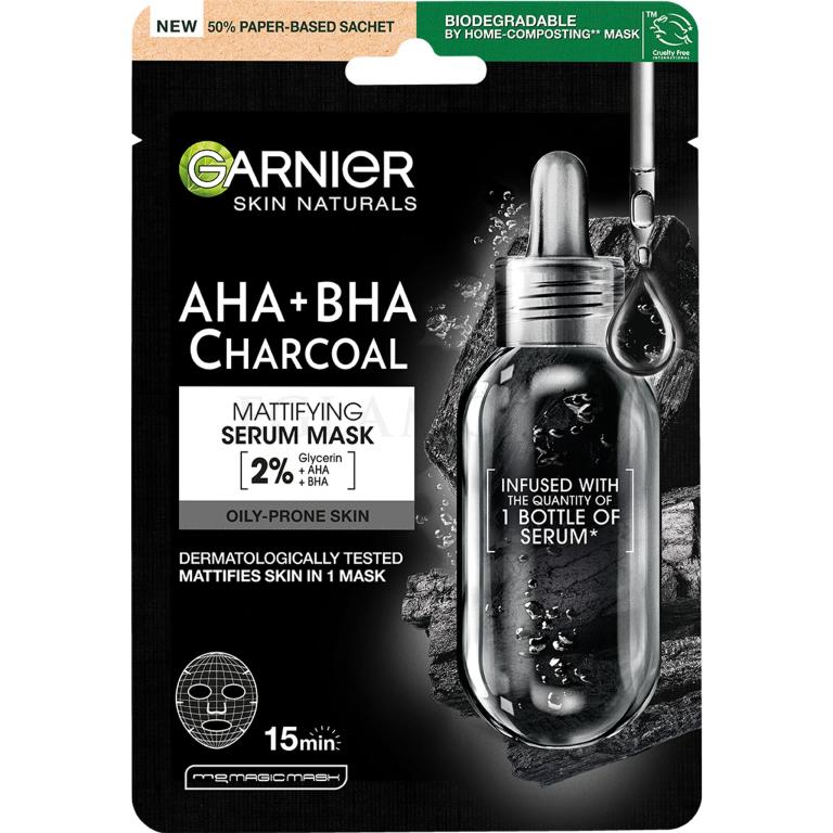 Garnier Skin Naturals AHA + BHA Charcoal Mattifying Serum Mask Maseczka do twarzy dla kobiet 1 szt