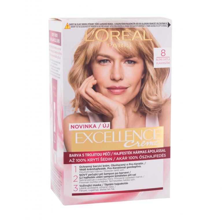 L&#039;Oréal Paris Excellence Creme Triple Protection Farba do włosów dla kobiet 48 ml Odcień 8 Natural Light Blonde Uszkodzone pudełko