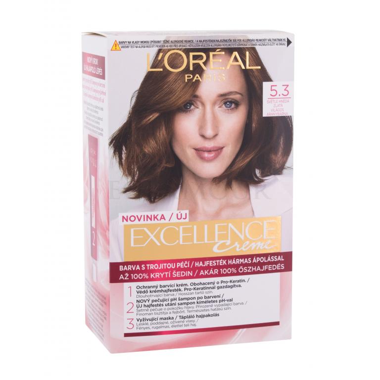 L&#039;Oréal Paris Excellence Creme Triple Protection Farba do włosów dla kobiet 48 ml Odcień 5,3 Natural Light Golden Brown Uszkodzone pudełko