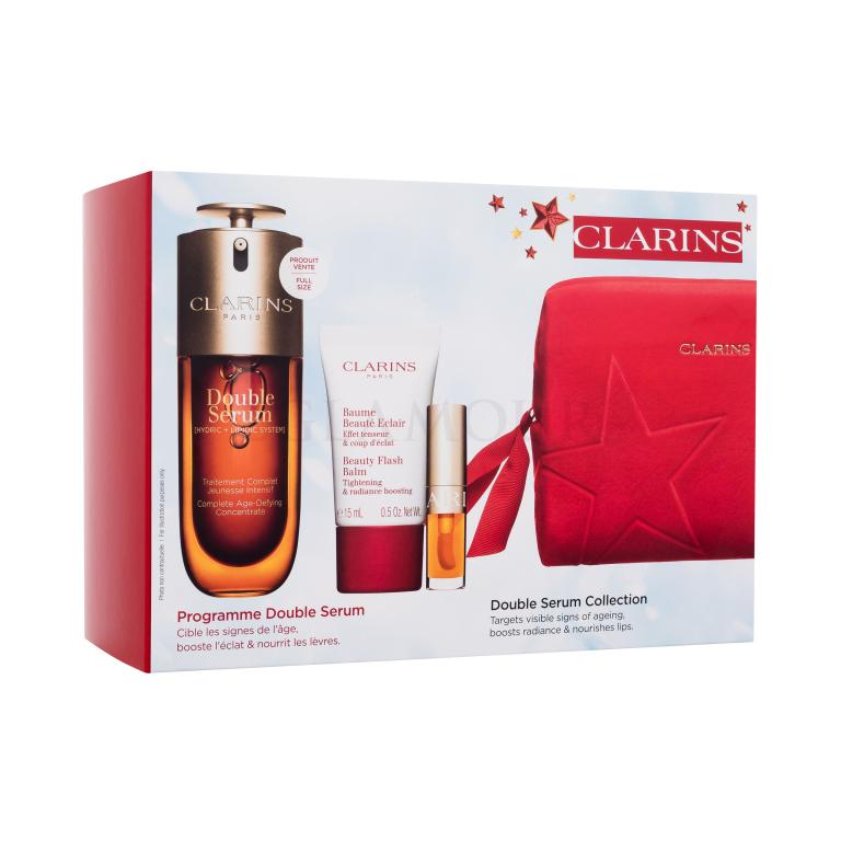 Clarins Double Serum Collection Zestaw Serum do twarzy Double Serum 50 ml + Balsam do twarzy Beauty Flash Balm 15 ml + Olejek do  ust Lip Comfort Oil 1,4 ml 01 Honey + Kosmetyczka