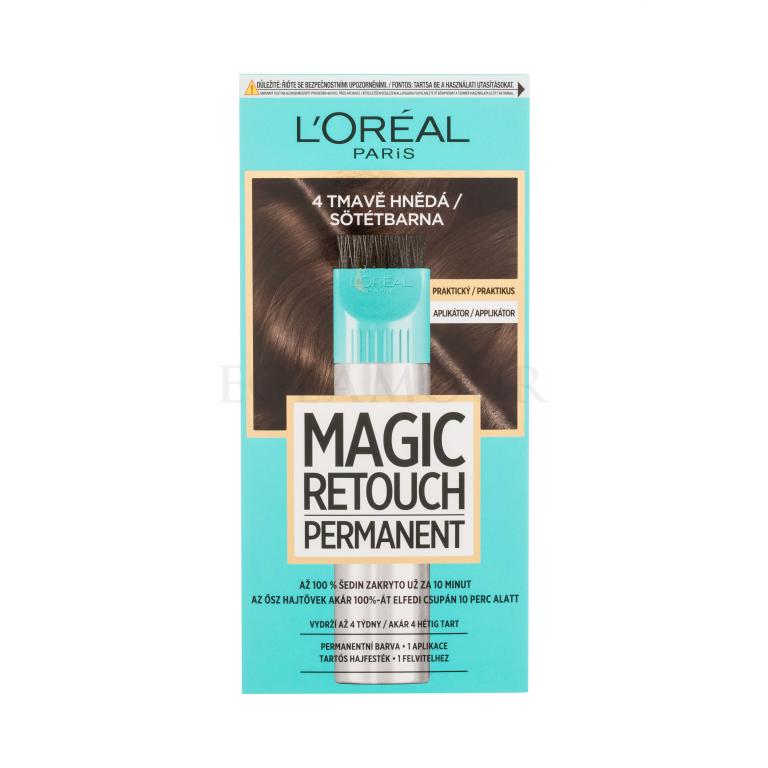 L&#039;Oréal Paris Magic Retouch Permanent Farba do włosów dla kobiet 18 ml Odcień 4 Dark Brown Uszkodzone pudełko