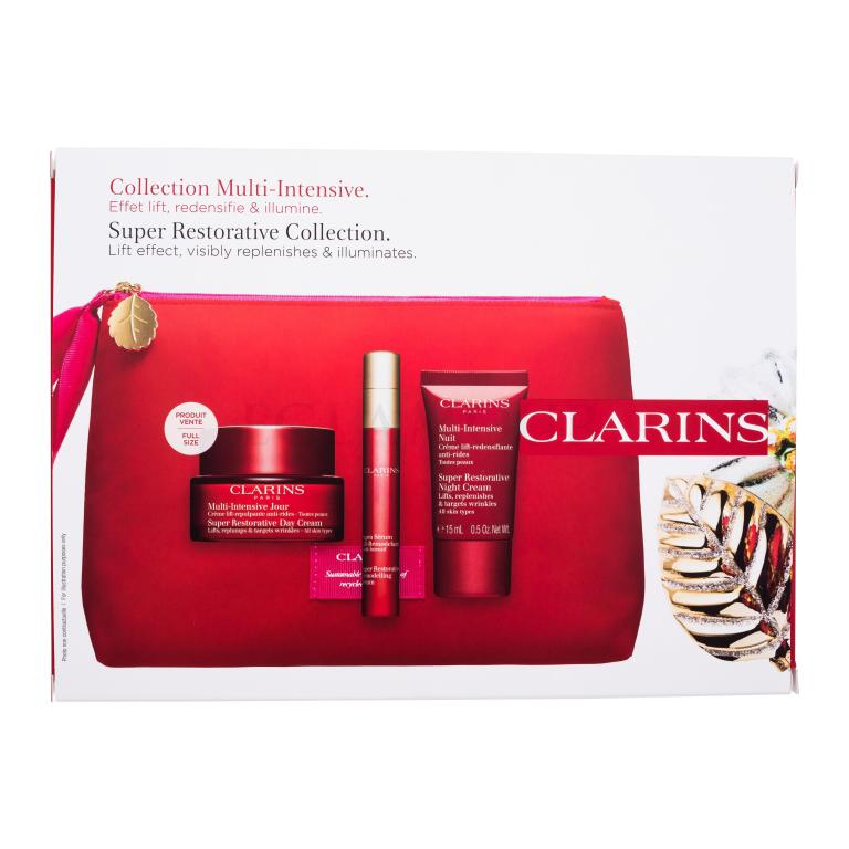 Clarins Super Restorative Collection Zestaw Krem do twarzy na dzień 50 ml + krem do twarzy na noc 15 ml + serum do twarzy 10 ml + kosmetyczka Uszkodzone pudełko