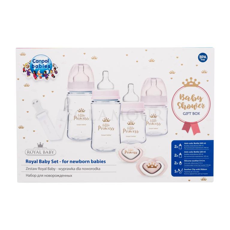 Canpol babies Royal Baby Set Little Princess Zestaw Butelka Anti-Colic 2 x 240 ml + Butelka Anti-Colic 2 x 120 ml + smoczek 2 x 0-6m + wstążka do smoczka