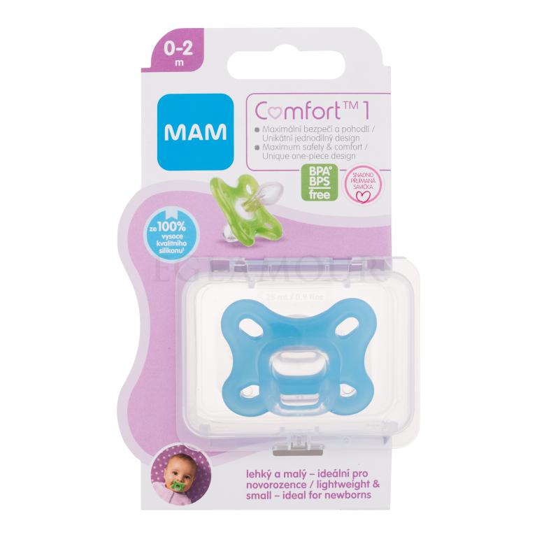 MAM Comfort 1 Silicone Pacifier 0-2m Blue Smoczek dla dzieci 1 szt