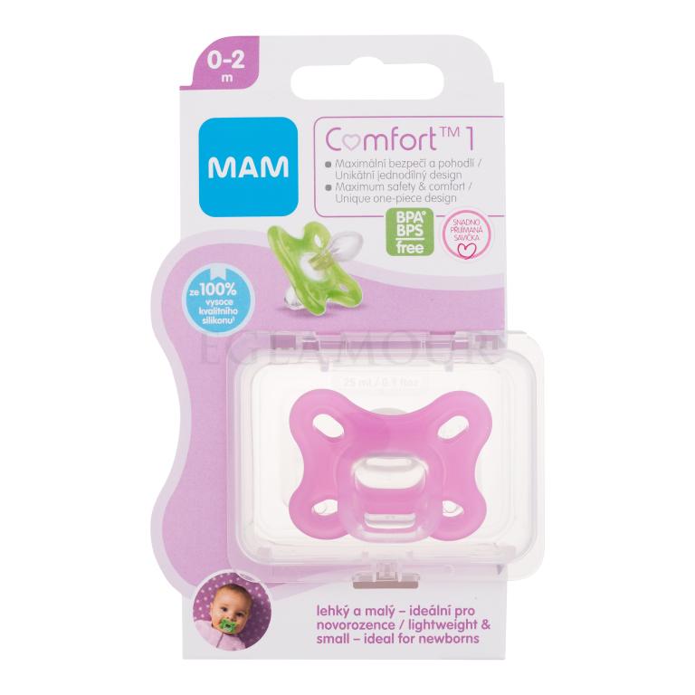 MAM Comfort 1 Silicone Pacifier 0-2m Pink Smoczek dla dzieci 1 szt