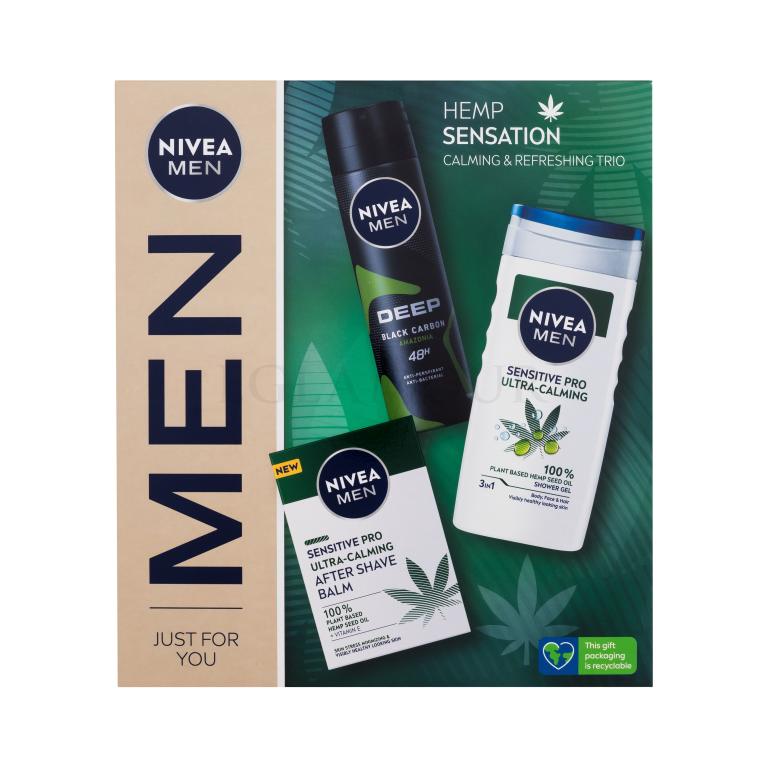 Nivea Men Hemp Sensation Zestaw balsam po goleniu Men Sensitive Pro Ultra-Calming 100 ml + żel pod prysznic Men Sensitive Pro Ultra-Calming 250 ml + antyperspirant Men Deep Black Carbon Amazonia 150 ml