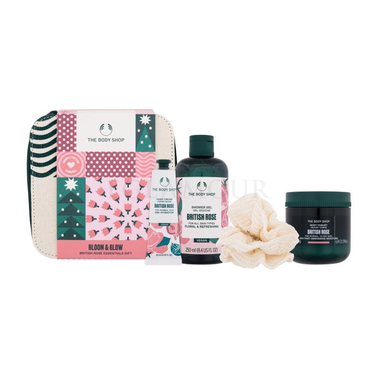 The Body Shop British Rose Bloom &amp; Glow Zestaw żel pod prysznic Shower Gel British Rose 250 ml + jogurt do ciała Body Yogurt British Rose 200 ml + krem do rąk Hand Cream British Rose 30 ml + + gąbka do mycia 1 sztuka + kosmetyczka