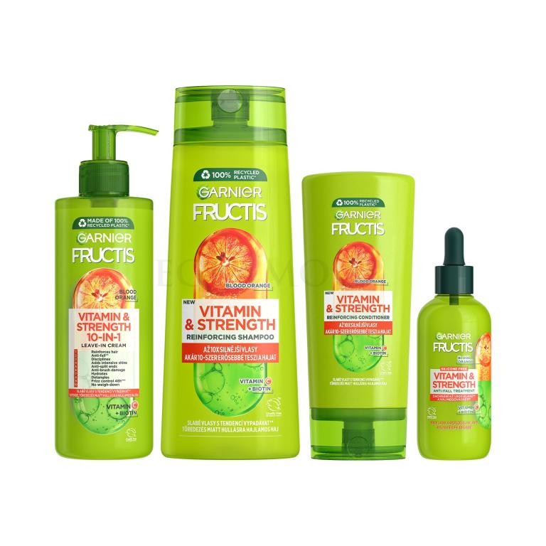 Zestaw Szampon do włosów Garnier Fructis Vitamin &amp; Strength Reinforcing Shampoo + Odżywka Garnier Fructis Vitamin &amp; Strength Reinforcing Conditioner + Serum do włosów Garnier Fructis Vitamin &amp; Strength Anti-Fall Treatment + Pielęgnacja bez spłukiwania Garnier Fructis Vitamin &amp; Strength 10-IN-1 Leave