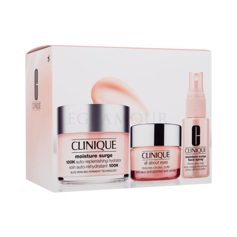 Clinique Moisture Surge Ultra Hydration Travel Exclusive Zestaw krem do twarzy na dzień Moisture Surge 100H Auto-Replenishing Hydrator 125 ml + spray do twarzy Moisture Surge Face Spray Thirsty Skin Relief 30 ml + krem pod oczy All About Eyes 15 ml Uszkodzone pudełko