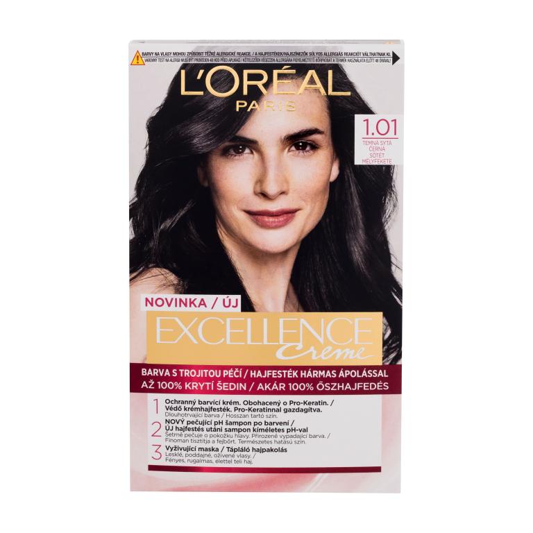 L&#039;Oréal Paris Excellence Creme Triple Protection Farba do włosów dla kobiet 48 ml Odcień 1,01 Dark Deep Black Uszkodzone pudełko