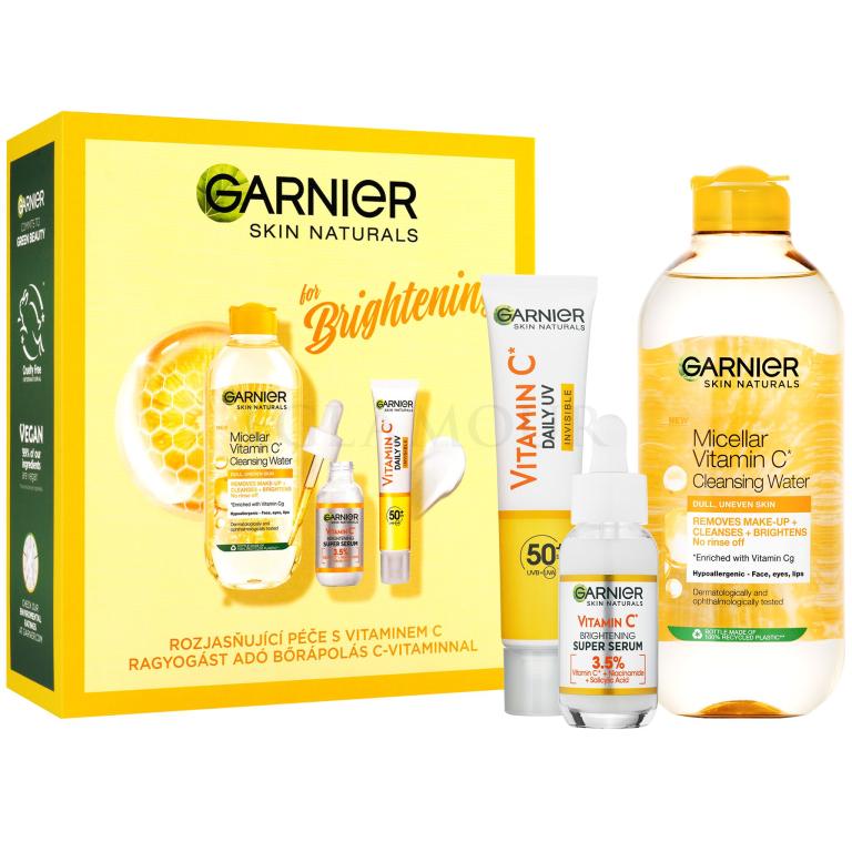 Garnier Skin Naturals Vitamin C for Brightening Zestaw serum do twarzy Skin Naturals Vitamin C Brightening Super Serum 30 ml + płyn micelarny Skin Naturals Micellar Vitamin C Cleansing Water 400 ml + fluid do twarzy Skin Naturals Vitamin C Daily UV SPF50 Invisible 40 ml