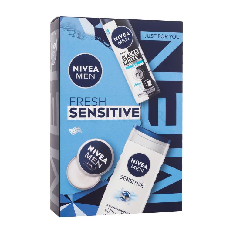 Nivea Men Fresh Sensitive Zestaw krem do twarzy, ciała i rąk Men Creme 30 ml + antyperspirant Men Invisible Black &amp; White Fresh 150 ml + żel pod prysznic Men Sensitive 250 ml