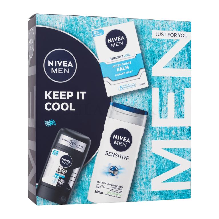 Nivea Men Keep It Cool Zestaw antyperspirant Invisible Black &amp; White Fresh 50 ml + balsam po goleniu Men Sensitive Cool 100 ml + żel pod prysznic Men Sensitive 250 ml