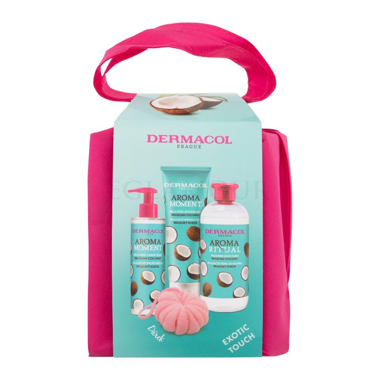 Dermacol Aroma Moment Brazilian Coconut Zestaw żel pod prysznic Brazilian Coconut 250 ml + płyn do kąpieli Brazilian Coconut 500 ml + mydło w płynie Brazilian Coconut 250 ml + gąbka do mycia + torba