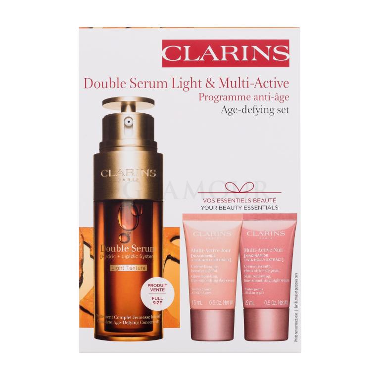 Clarins Double Serum Light &amp; Multi-Active Age-defying Set Zestaw serum do twarzy Double Serum Light Texture 50 ml + krem do twarzy na dzień Multi-Active Day Cream 15 ml + krem do twarzy na noc Multi-Active Night Cream 15 ml + serum pod oczy Double Serum Eye 0,9 ml