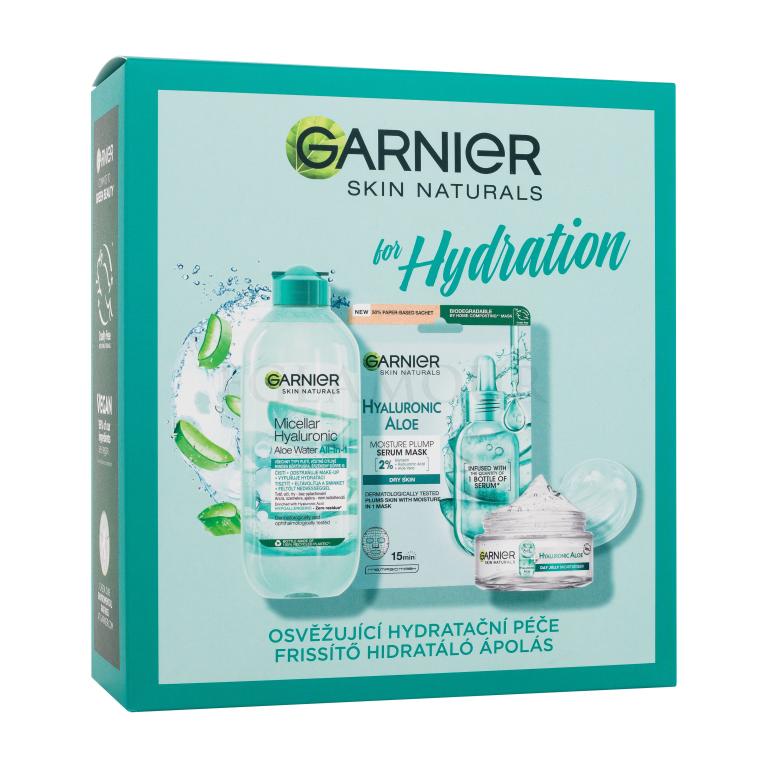 Garnier Skin Naturals Hyaluronic Aloe for Hydrating Zestaw żel do twarzy Skin Naturals Hyaluronic Aloe Jelly Daily Moisturizing Care 50 ml + płyn micelarny Skin Naturals Micellar Hyaluronic Aloe Water 400 ml + maska do twarzy Skin Naturals Hyaluronic Aloe Serum Tissue Mask 28 g Uszkodzone pudełko