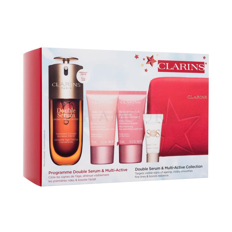 Clarins Double Serum &amp; Multi-Active Collection Zestaw serum do twarzy Double Serum 50 ml + krem do twarzy na dzień Multi-Active Jour 15 ml + krem do twarzy na noc Multi-Active Nuit 15 ml + baza pod makijaż SOS Primer 5 ml + czerwona kosmetyczka