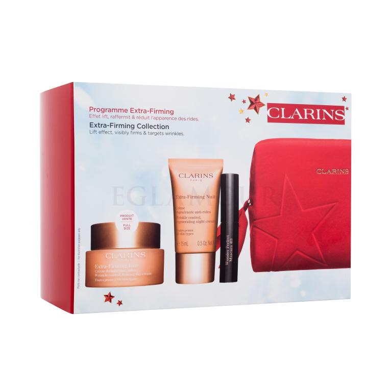 Clarins Extra-Firming Collection Zestaw krem do twarzy na dzień Extra-Firming Jour 50 ml + krem do twarzy na noc Extra-Firming Nuit 15 ml + maskara Wonder Perfect Mascara 4D 3 ml 01 Perfect Black + serum do twarzy Double Serum 0,9 ml + czerwona kosmetyczka