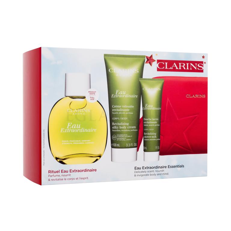 Clarins Aroma Eau Extraordinaire Zestaw eau de soin 100 ml + krem do ciała 100 ml + mleczko pod prysznic 30 ml + czerwona kosmetyczka