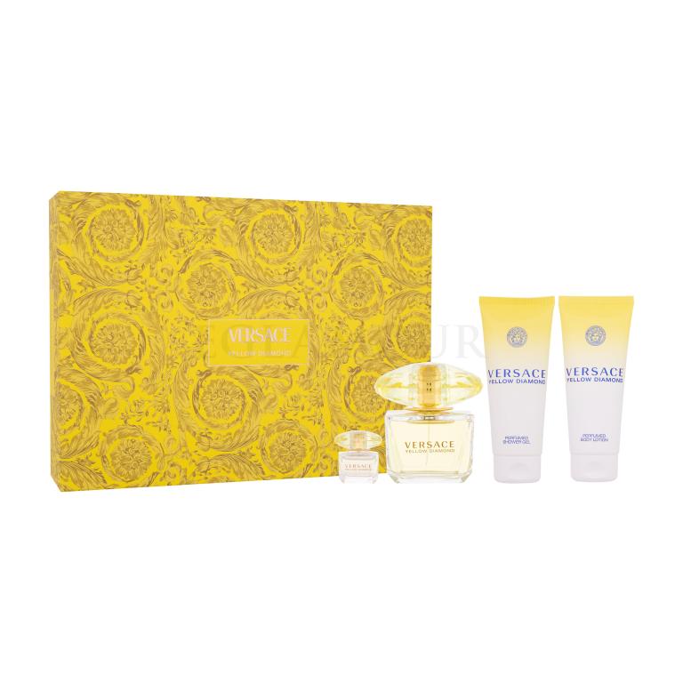 Versace Yellow Diamond Zestaw woda toaletowa 90 ml + mleczko do ciała 100 ml + żel pod prysznic 100 ml + woda toaletowa 5 ml Uszkodzone pudełko