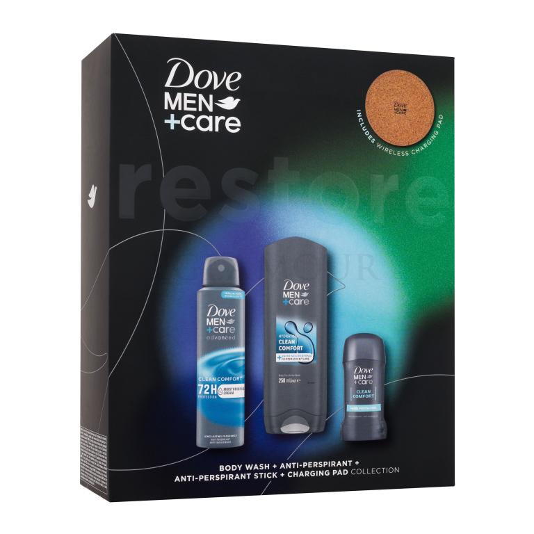 Dove Men + Care Clean Comfort Zestaw żel pod prysznic Men Care Clean Comfort 250 ml + antyperspirant Men Care Clean Comfort 72H 150 ml + antyperspirant w sztyfcie Men Care Clean Comfort 48H 50 ml + ładowarka bezprzewodowa