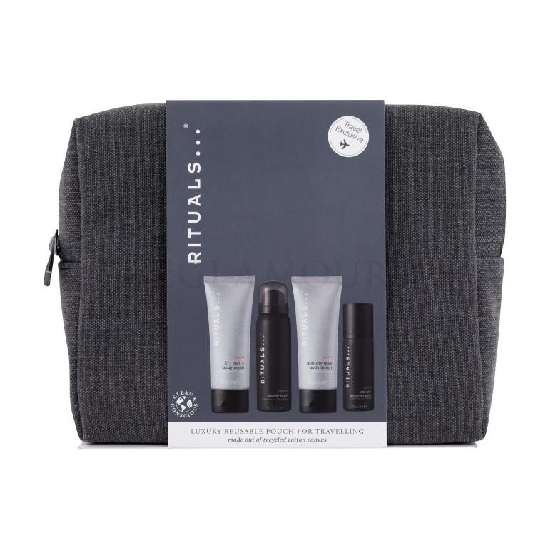 Rituals Homme Luxury Reusable Pouch For Travelling Zestaw szampon i żel pod prysznic 2w1 Homme Sport 70 ml + pianka pod prysznic Homme 50 ml + mleczko do ciała Homme Sport 70 ml + antyperspirant Homme 50 ml+ kosmetyczka Uszkodzone opakowanie