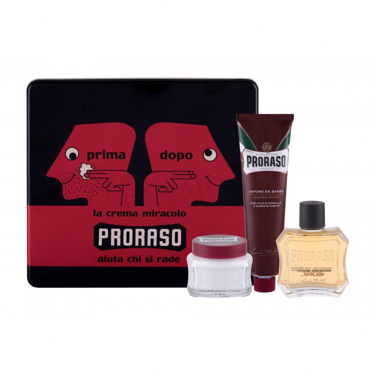 PRORASO Red After Shave Lotion Zestaw Woda po goleniu 100 ml + Krem do golenia 150 ml + Krem przed goleniem 100 ml + Puszka Uszkodzone pudełko