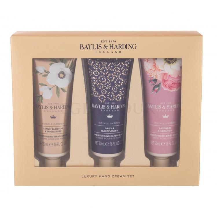 Baylis &amp; Harding Royale Garden Luxury Hand Cream Zestaw Krem do rąk Royal Garden Lemon Blossom &amp; White Rose 50 ml + Krem do rąk Royal Garden Daisy &amp; Elderflower 50 ml + Krem do rak Royal Garden Lavender &amp; Geranium 50 ml