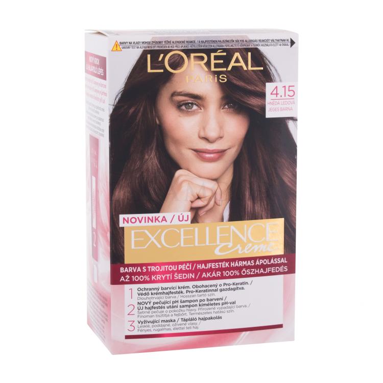 L&#039;Oréal Paris Excellence Creme Triple Protection Farba do włosów dla kobiet 48 ml Odcień 4,15 Frosted Brown Uszkodzone pudełko