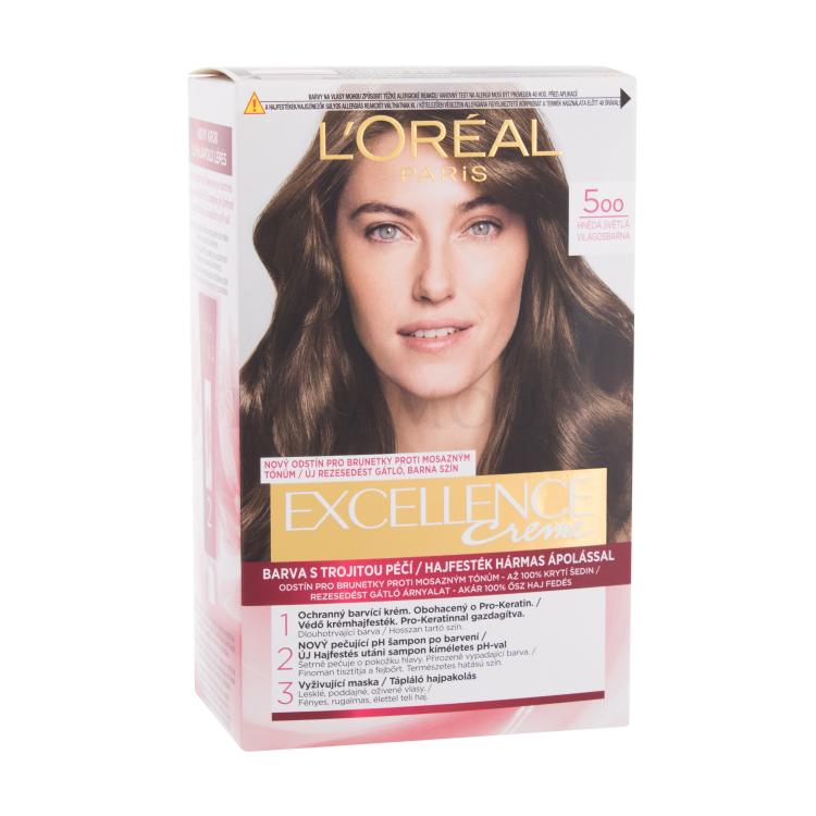 L&#039;Oréal Paris Excellence Creme Triple Protection Farba do włosów dla kobiet 48 ml Odcień 500 Natural Brown Uszkodzone pudełko