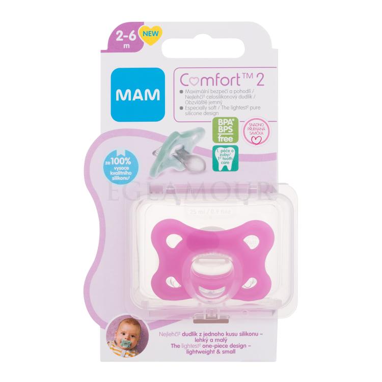MAM Comfort 2 Silicone Pacifier 2-6m Pink Smoczek dla dzieci 1 szt