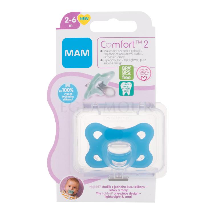 MAM Comfort 2 Silicone Pacifier 2-6m Blue Smoczek dla dzieci 1 szt