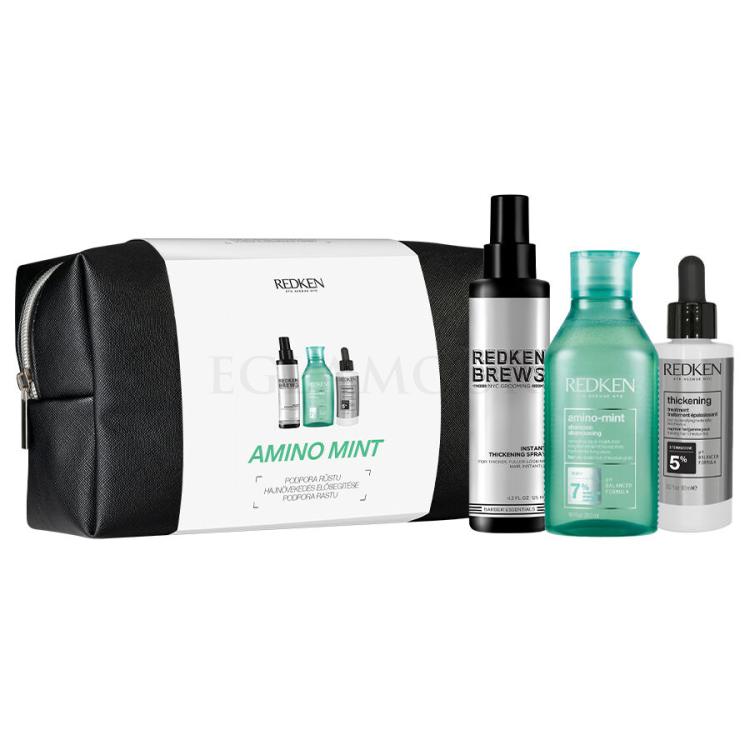 Redken Amino-Mint Shampoo Zestaw szampon Amino-Mint Shampoo 300 ml + spray do włosów Brews Instant Thickening Spray 125 ml + kuracja do włosów Thickening Treatment 90 ml + kosmetyczka