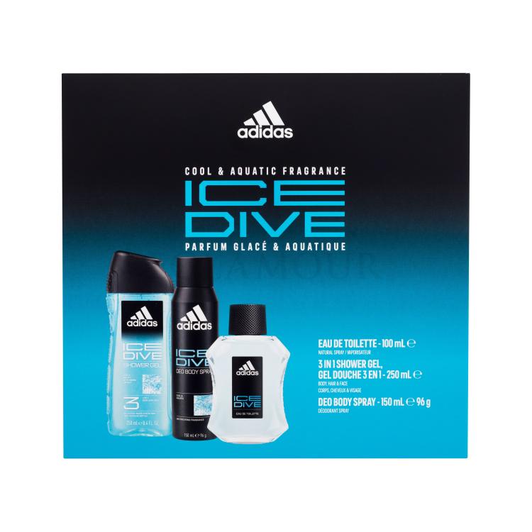 Adidas Ice Dive Zestaw woda toaletowa 100 ml + dezodorant 150 ml + żel pod prysznic 250 ml Uszkodzone pudełko