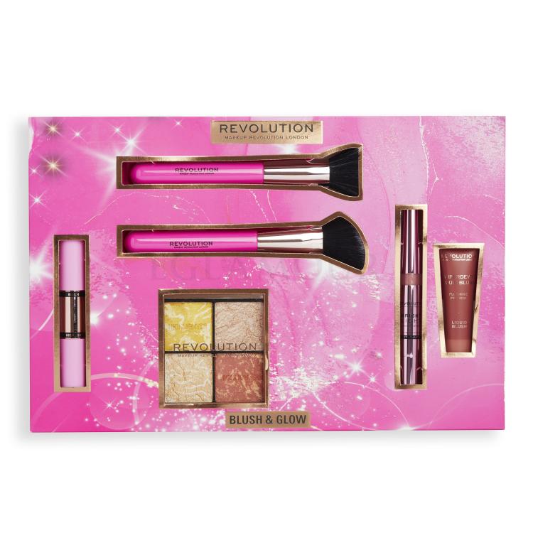 Makeup Revolution London Blush &amp; Glow Gift Set Zestaw paletka rozświetlająca Highlighter Quad 9,6 g Make It Count + rozświetlacz Bright Light Highlighter 3 ml Divine Dark Pink + pędzel kosmetyczny 2 sztuki + róż do policzków Superdewy Liquid Blush 15 ml Flushing For You + róż i rozświetlacz Fast Bas