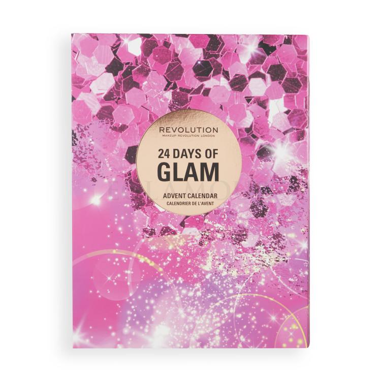 Makeup Revolution London 24 Days Of Glam Advent Calendar Zestaw kredka do ust 2 sztuki + kredka do brwi 1 sztuka + żel do brwi 1 sztuka + baza pod make-up 1 sztuka + pomadka do ust 4 sztuki + błyszczyk do ust 1 sztuka + olejek do ust 1 sztuka + cienie do powiek 3 sztuki + puder 2 sztuki + róż do pol