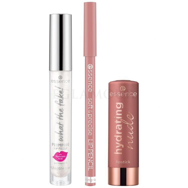 Essence The Nude Lip Set Zestaw pomadka Hydrating Nude Lipstick 3,5 g 302 Heavenly + kredka do ust Soft &amp; Precise Lip Pencil 0,78 g 302 Heavenly + błyszczyk What The Fake! Plumping Lip Filler 4,2 ml 01 Oh My Plump!