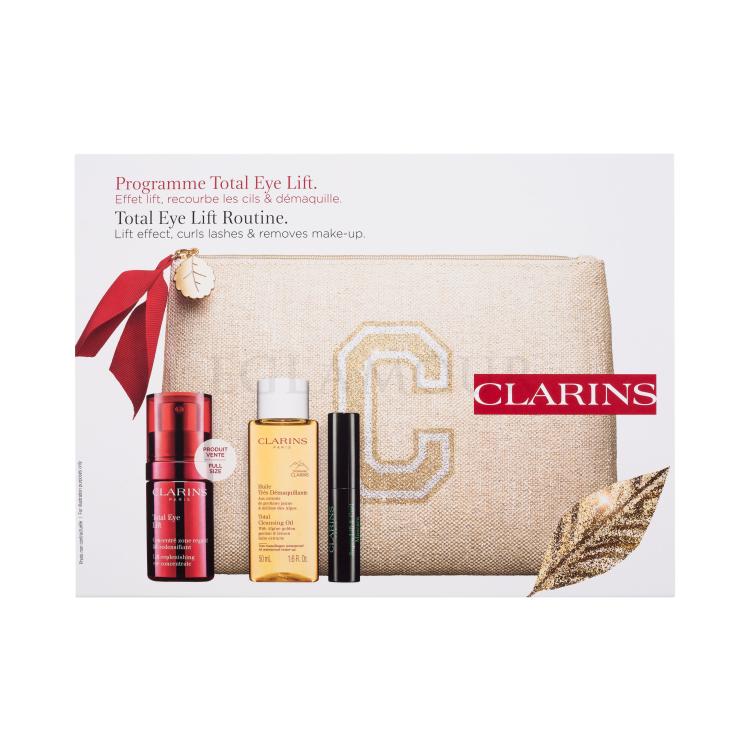 Clarins Total Eye Lift Routine Zestaw krem pod oczy Total Eye Lift 15 ml + olejek do demakijażu Total Cleansing Oil 50 ml + maskara Supra Lift &amp; Curl Mascara 3 ml 01 Intense Black + ekologiczna kosmetyczka