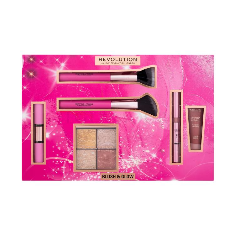 Makeup Revolution London Blush &amp; Glow Gift Set Zestaw paletka rozświetlająca Highlighter Quad 9,6 g Make It Count + rozjaśniacz Bright Light Highlighter 3 ml Divine Dark Pink + pędzel kosmetyczny 2 sztuki + róż do policzków Superdewy Liquid Blush 15 ml Flushing For You + róż i rozjaśniacz Fast Base 