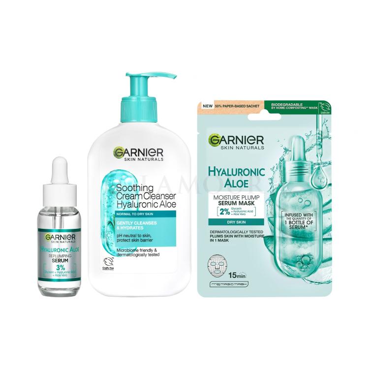 Zestaw Serum do twarzy Garnier Skin Naturals Hyaluronic Aloe Replumping Super Serum + Maseczka do twarzy Garnier Skin Naturals Hyaluronic Aloe Serum Tissue Mask + Krem oczyszczający Garnier Skin Naturals Hyaluronic Aloe Soothing Cream Cleanser