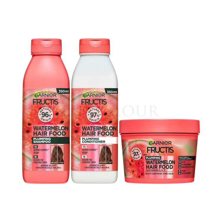 Zestaw Szampon do włosów Garnier Fructis Hair Food Watermelon Plumping Shampoo + Odżywka Garnier Fructis Hair Food Watermelon Plumping Conditioner + Maska do włosów Garnier Fructis Hair Food Watermelon Plumping Mask