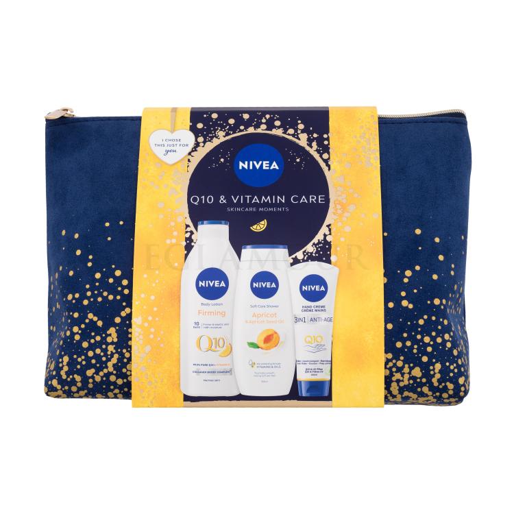 Nivea Q10 &amp; Vitamin Care Zestaw mleczko do ciała Q10 Vitamin C Firming 400 ml + żel pod prysznic Apricot &amp; Apricot Seed Oil 250 ml + krem do rąk Q10 Anti-Age 100 ml + kosmetyczka